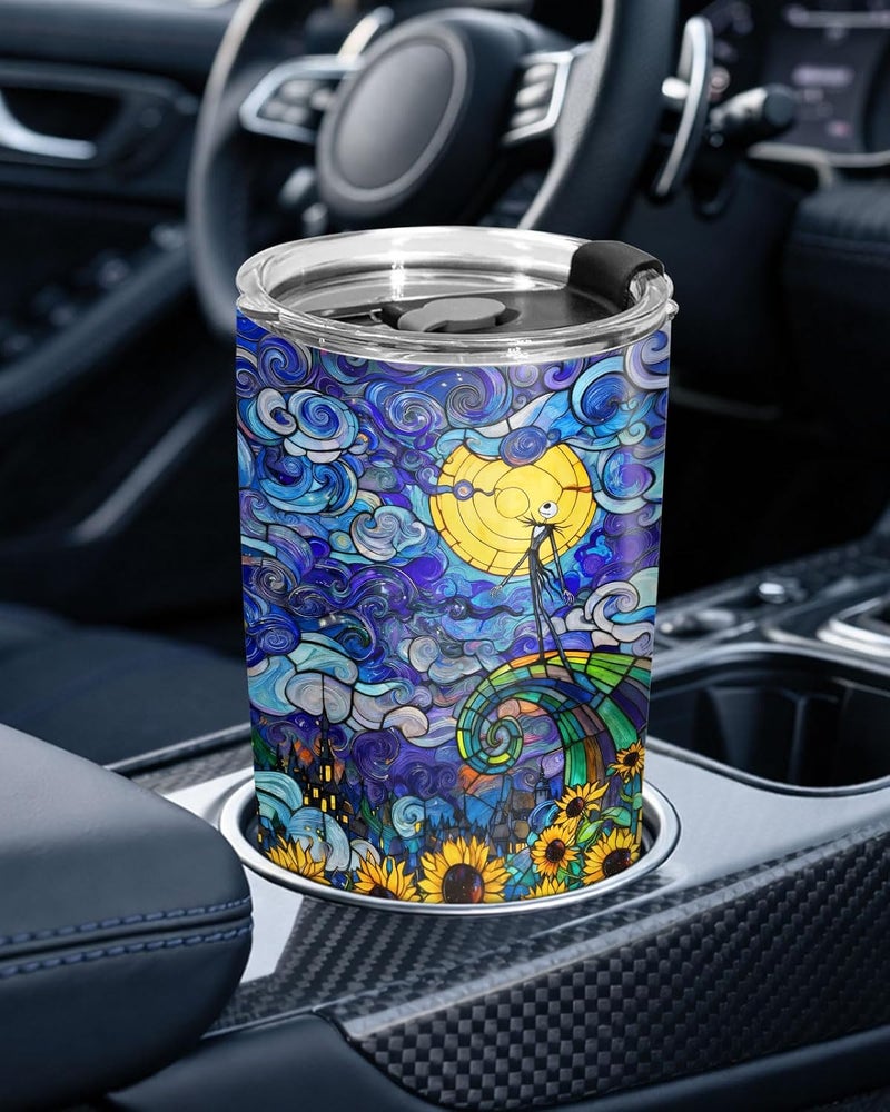 34HD Jack Skeleton Starry Nightmare Painting Tumbler 20oz Stainless Steel Insulated Travel Mug Sunflower Stained Glass Art Coffee Cup Movie Fan Gifts for Men Women Birthday - Image 5