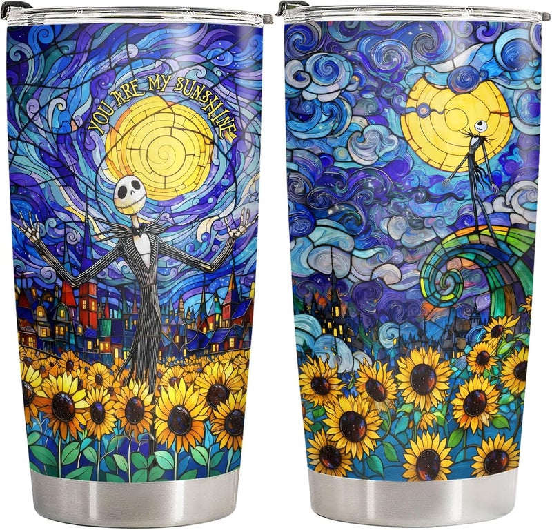34HD Jack Skeleton Starry Nightmare Painting Tumbler 20oz Stainless Steel Insulated Travel Mug Sunflower Stained Glass Art Coffee Cup Movie Fan Gifts for Men Women Birthday - Image 1