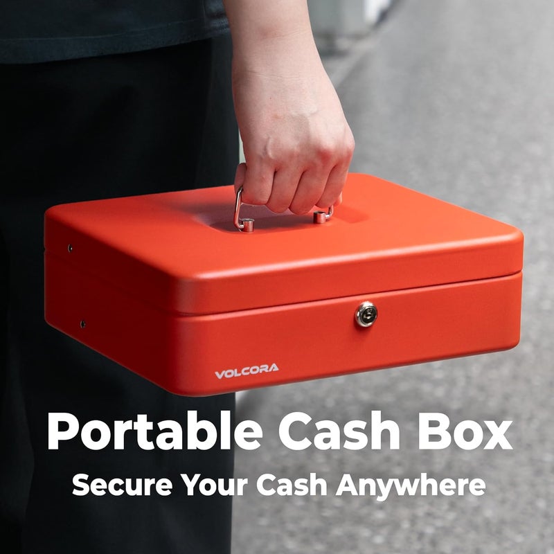 Volcora Large Cash Box with Key Lock, Metal Money Box for Cash, Portable Locking Safe Box with Money Tray, Durable Money Saving Organizer for Yard Sale, Garage Sale, Small Business, Red - Image 5