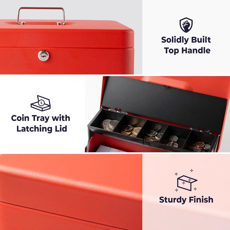 Volcora Large Cash Box with Key Lock, Metal Money Box for Cash, Portable Locking Safe Box with Money Tray, Durable Money Saving Organizer for Yard Sale, Garage Sale, Small Business, Red - Image 2