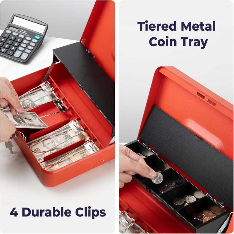 Volcora Large Cash Box with Key Lock, Metal Money Box for Cash, Portable Locking Safe Box with Money Tray, Durable Money Saving Organizer for Yard Sale, Garage Sale, Small Business, Red - Image 4