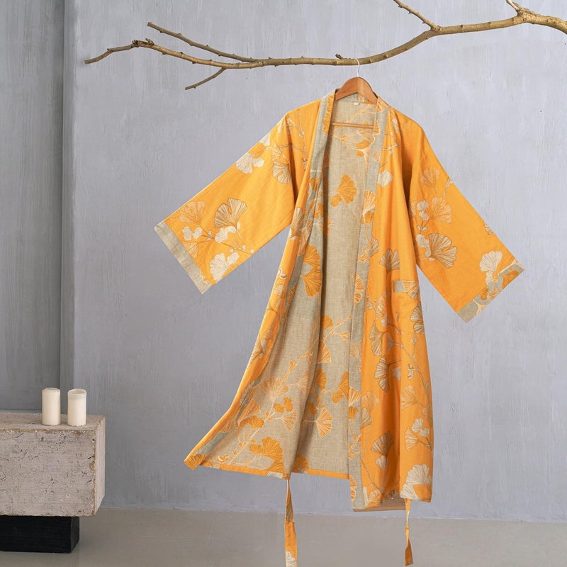 Kimono Robe 100% Cotton Gauze Ginkgo Leaf Print - Image 2