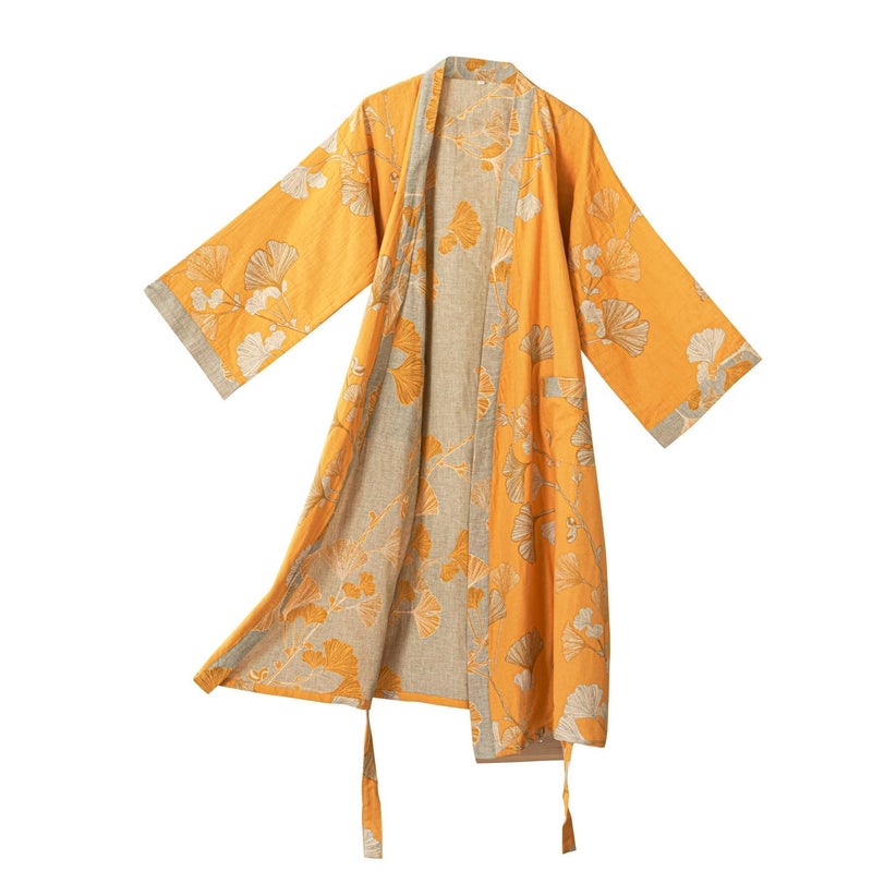 Kimono Robe 100% Cotton Gauze Ginkgo Leaf Print - Image 1