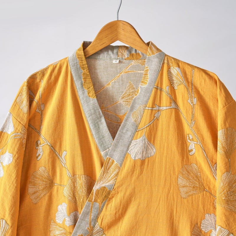 Kimono Robe 100% Cotton Gauze Ginkgo Leaf Print - Image 3