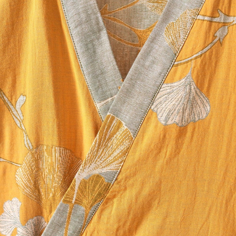 Kimono Robe 100% Cotton Gauze Ginkgo Leaf Print - Image 4