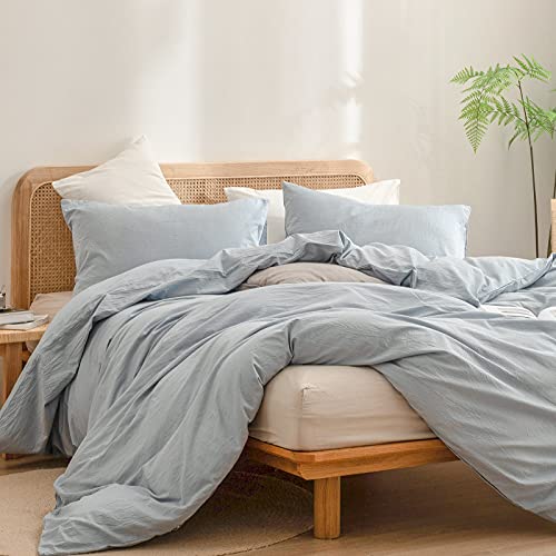 BESTOUCH Duvet Cover Set 100% Washed Cotton Linen Feel Super Soft Comfortable Chic Lightweight 2 PCs Home Bedding Set Solid Cornflower Blue Twin/Twin XL - Image 4