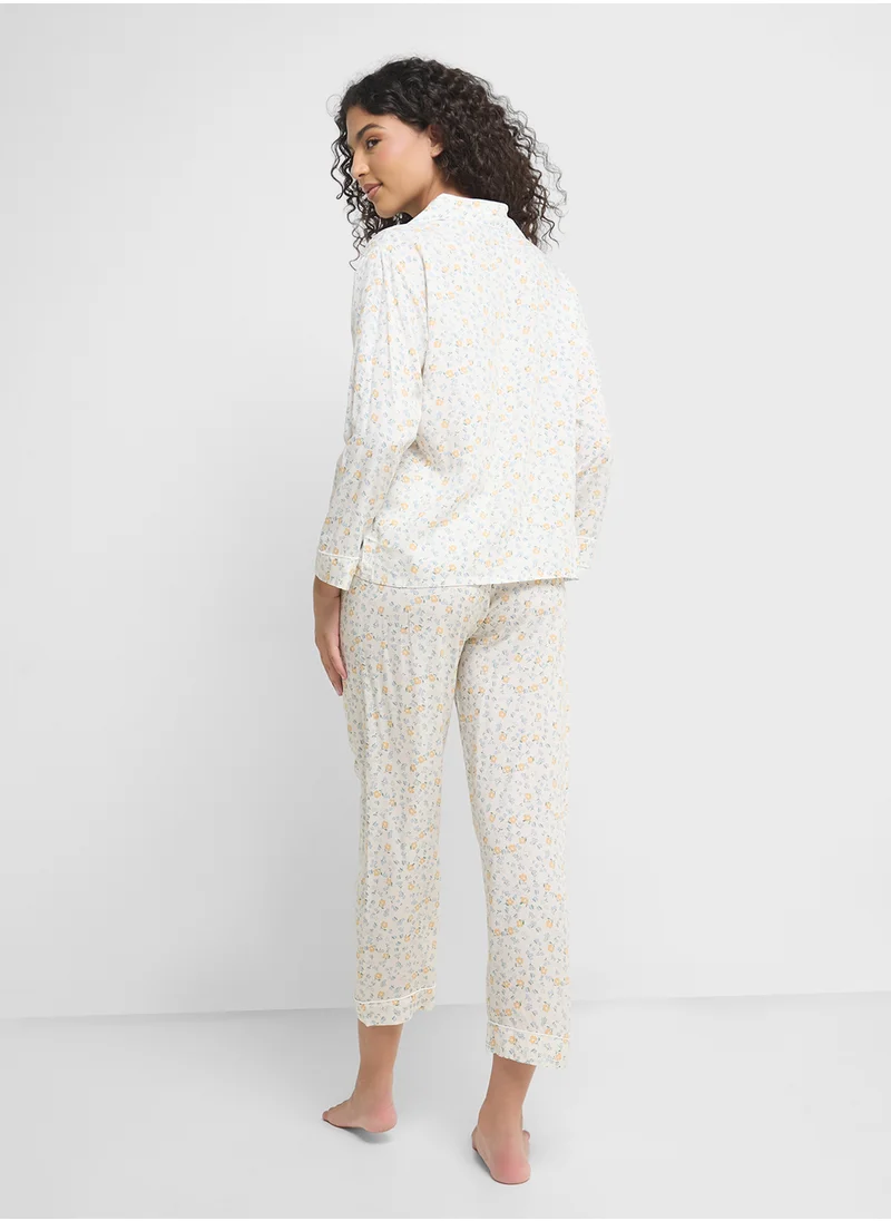 جينجر Floral Button Up Shirt & Pyjama Set