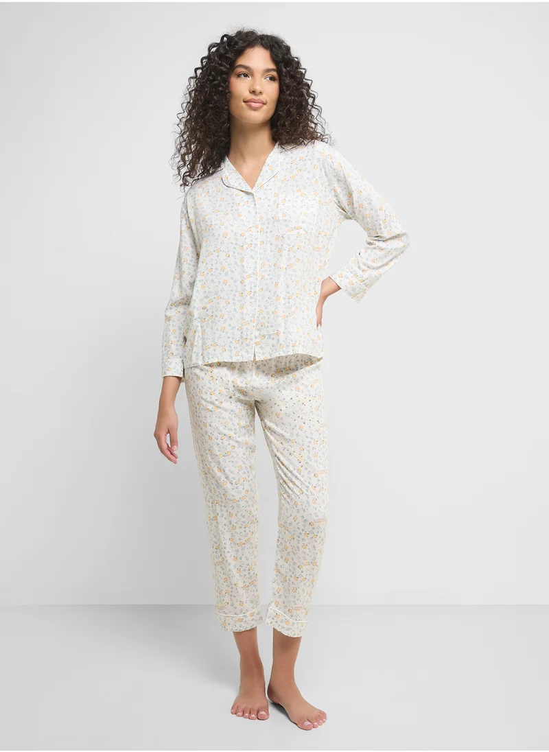 جينجر Floral Button Up Shirt & Pyjama Set