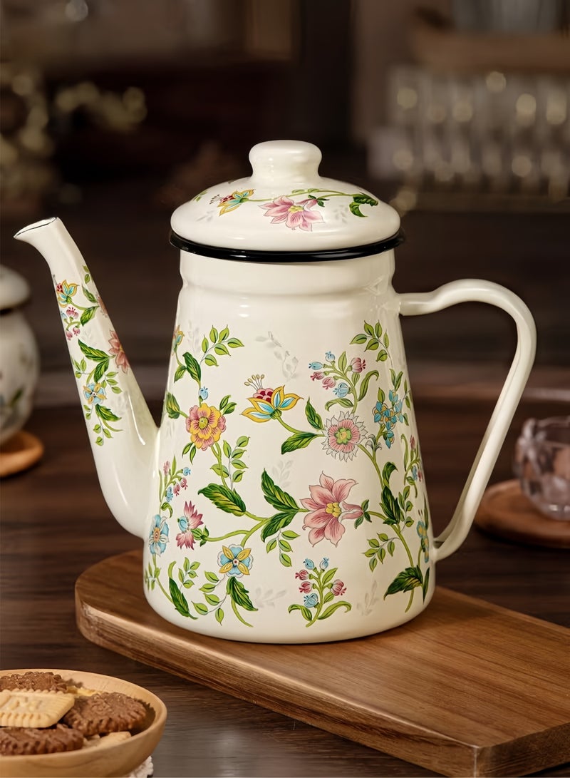 وعاء قهوة من المينا قطعة واحدة، غلاية صب بنمط زهور، وعاء قهوة بسعة كبيرة 1.2 لتر، وعاء بمقبض وعاء قهوة، وعاء زيت ذو فوهة ضيقة، وعاء غلي منزلي، إبريق شاي، مناسب للموقد الكهربائي أو الغاز لتخمير القهوة أو الشاي - Image 1