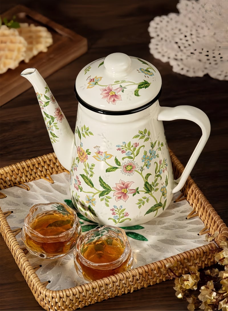 وعاء قهوة من المينا قطعة واحدة، غلاية صب بنمط زهور، وعاء قهوة بسعة كبيرة 1.2 لتر، وعاء بمقبض وعاء قهوة، وعاء زيت ذو فوهة ضيقة، وعاء غلي منزلي، إبريق شاي، مناسب للموقد الكهربائي أو الغاز لتخمير القهوة أو الشاي - Image 2