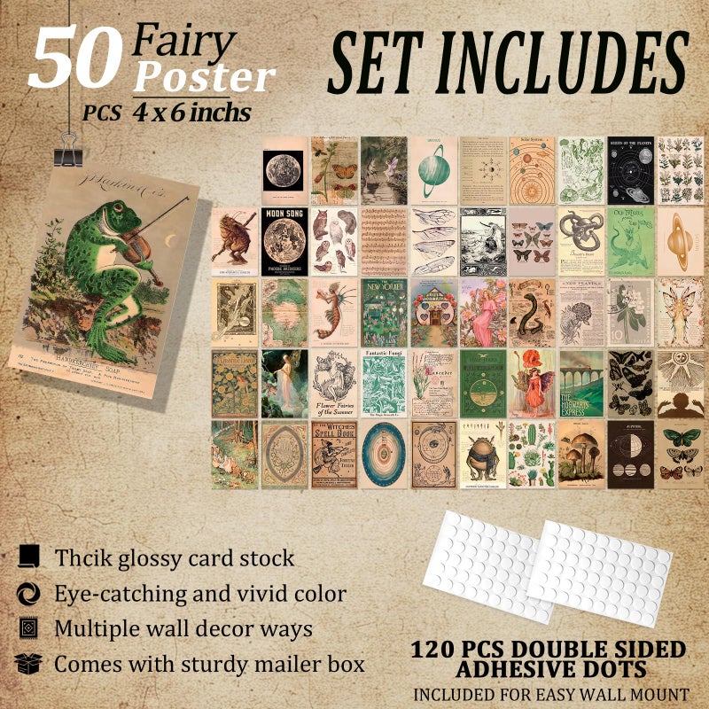 Uniro Vintage Fairycore Decor, 50pcs Fairy Room Decor Aesthetic Pictures, 4"x6" Retro Grunge Fairy Wall Collage Kit, Cottagecore Wall Decor, Goblincore Decor, Earthy Vintage Fairy Wall Art Print Mushroom Pictures for Dorm Bedroom - Image 2