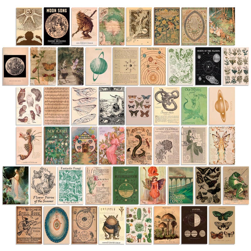Uniro Vintage Fairycore Decor, 50pcs Fairy Room Decor Aesthetic Pictures, 4"x6" Retro Grunge Fairy Wall Collage Kit, Cottagecore Wall Decor, Goblincore Decor, Earthy Vintage Fairy Wall Art Print Mushroom Pictures for Dorm Bedroom - Image 1