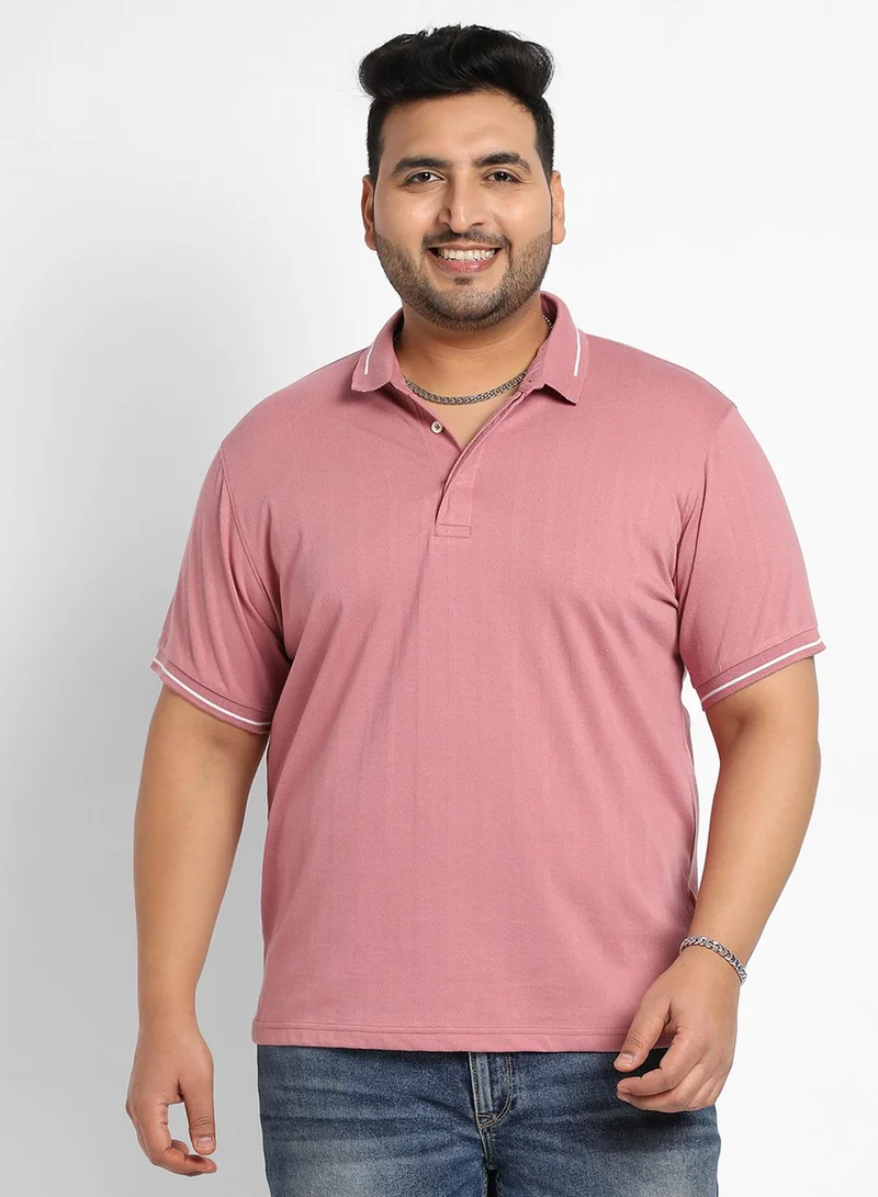 Instafab Plus Men's Coral Pink Self-Design Halo Striped T-Shirt For Casual Wear | Spread Collar | Short Sleeve | Half-Button Closure | Polycotton T-Shirt Crafted With Comfort Fit For Everyday Wear