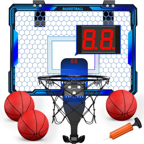 HYES Basketball Hoop Indoor Mini Basket Ball Hoop with 7 LED Lighting Scoreboard Over Door Basketball Hoop with 3 Modes Volume Adjustable Foldable Basketball Toys Gifts for Kids Adults Blue - Image 1