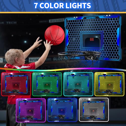 HYES Basketball Hoop Indoor Mini Basket Ball Hoop with 7 LED Lighting Scoreboard Over Door Basketball Hoop with 3 Modes Volume Adjustable Foldable Basketball Toys Gifts for Kids Adults Blue - Image 5