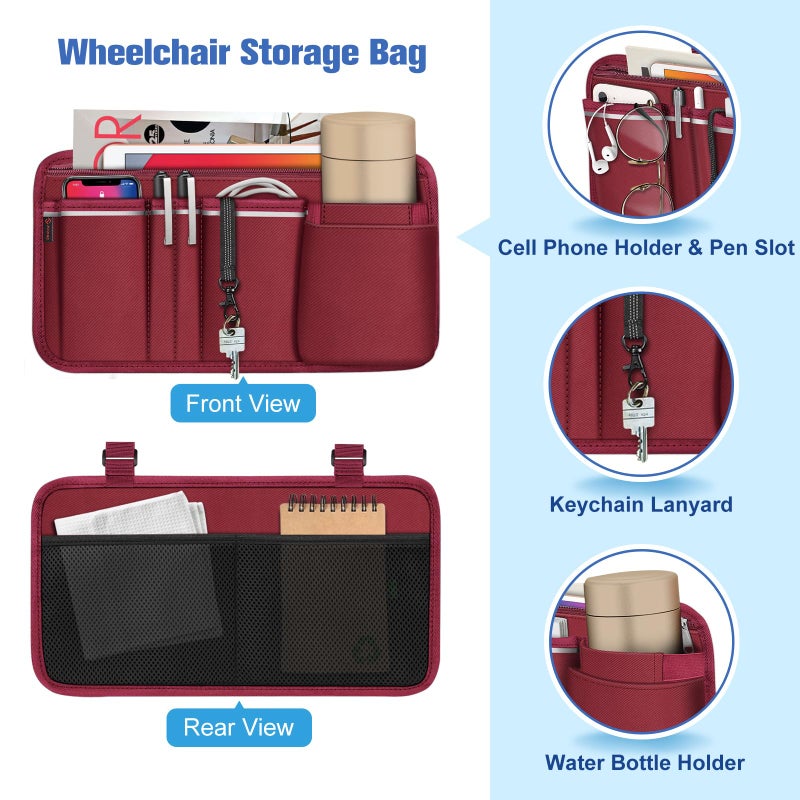 FINPAC Wheelchair Side Storage Bag w/Cup Holder, Wheelchair Armrest Accessories Pouch with Pen Slot and Reflective Strips for Power Walkers, Rollators, Seniors - Burgundy - Image 2