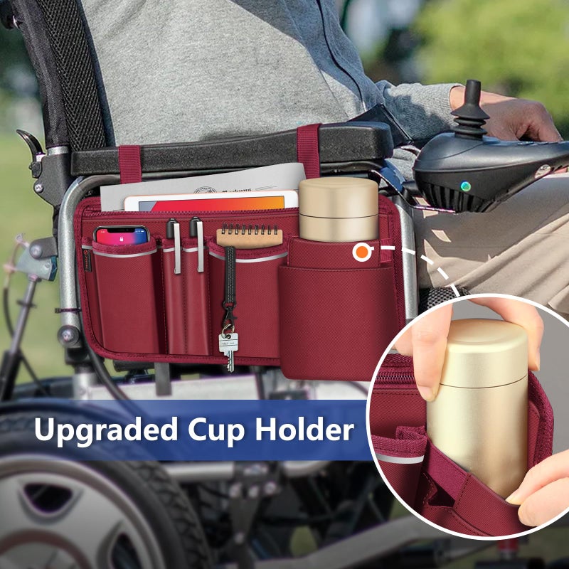 FINPAC Wheelchair Side Storage Bag w/Cup Holder, Wheelchair Armrest Accessories Pouch with Pen Slot and Reflective Strips for Power Walkers, Rollators, Seniors - Burgundy - Image 3
