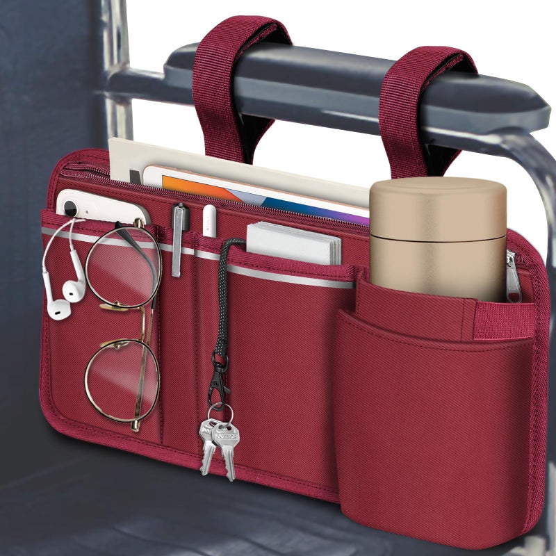 FINPAC Wheelchair Side Storage Bag w/Cup Holder, Wheelchair Armrest Accessories Pouch with Pen Slot and Reflective Strips for Power Walkers, Rollators, Seniors - Burgundy - Image 1