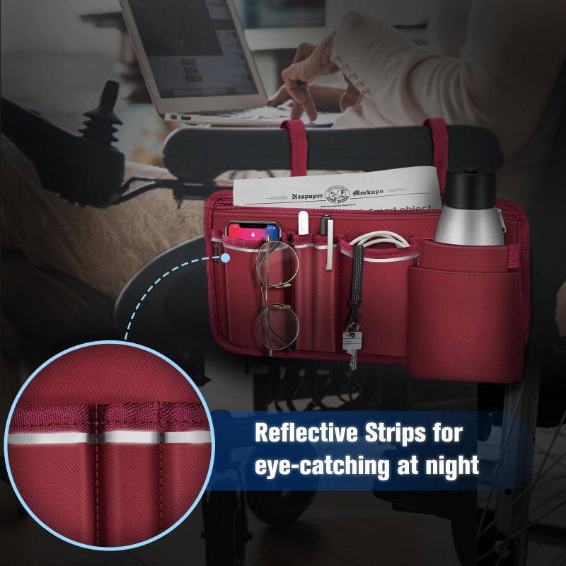 FINPAC Wheelchair Side Storage Bag w/Cup Holder, Wheelchair Armrest Accessories Pouch with Pen Slot and Reflective Strips for Power Walkers, Rollators, Seniors - Burgundy - Image 5