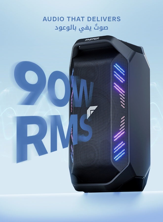 Faster X450 Portable Bluetooth Speaker 90W RMS - Outdoor Party Speaker with Wireless Mic - Advanced Bluetooth 5.3, TWS Modes, USB, RGB Lights, Bass Adjustment, FM Radio, AUX Inputs - 6.5 Inch Woofers, Fast Charging - Solid Metal Build For Camping, Outdoor Travel, Beach, Pool - Image 2