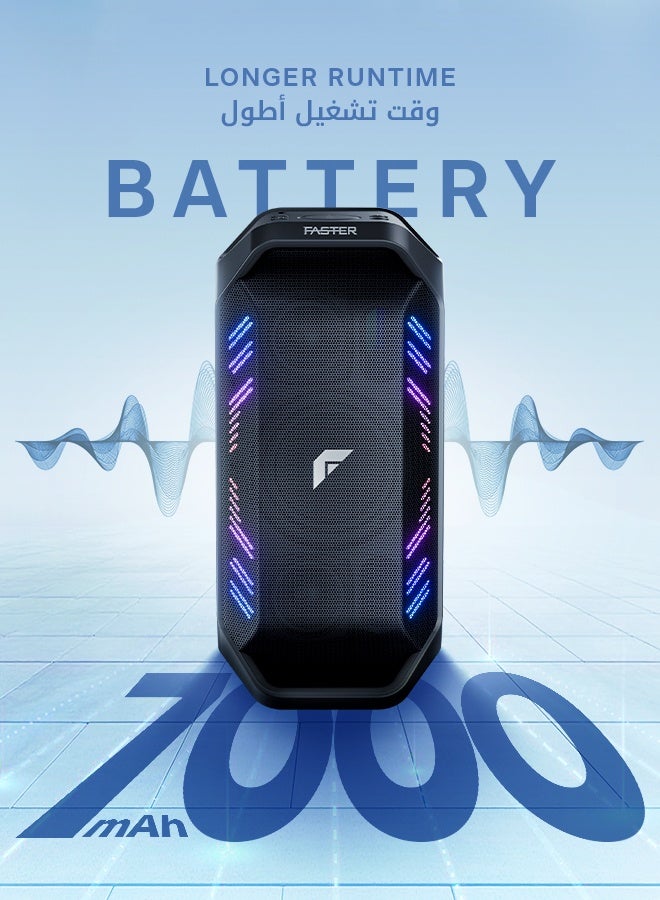 Faster X450 Portable Bluetooth Speaker 90W RMS - Outdoor Party Speaker with Wireless Mic - Advanced Bluetooth 5.3, TWS Modes, USB, RGB Lights, Bass Adjustment, FM Radio, AUX Inputs - 6.5 Inch Woofers, Fast Charging - Solid Metal Build For Camping, Outdoor Travel, Beach, Pool - Image 5