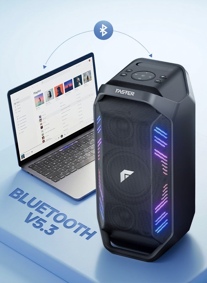Faster X450 Portable Bluetooth Speaker 90W RMS - Outdoor Party Speaker with Wireless Mic - Advanced Bluetooth 5.3, TWS Modes, USB, RGB Lights, Bass Adjustment, FM Radio, AUX Inputs - 6.5 Inch Woofers, Fast Charging - Solid Metal Build For Camping, Outdoor Travel, Beach, Pool - Image 3