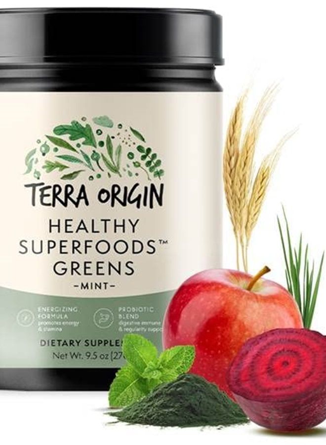 Terra Origin Greens Powder for Immune Defense and Digestive Support | with Spirulina, Probiotics, Organic Vegetables, Digestive Enzymes | Non-GMO | 30 Servings | Mint Flavor - Image 1
