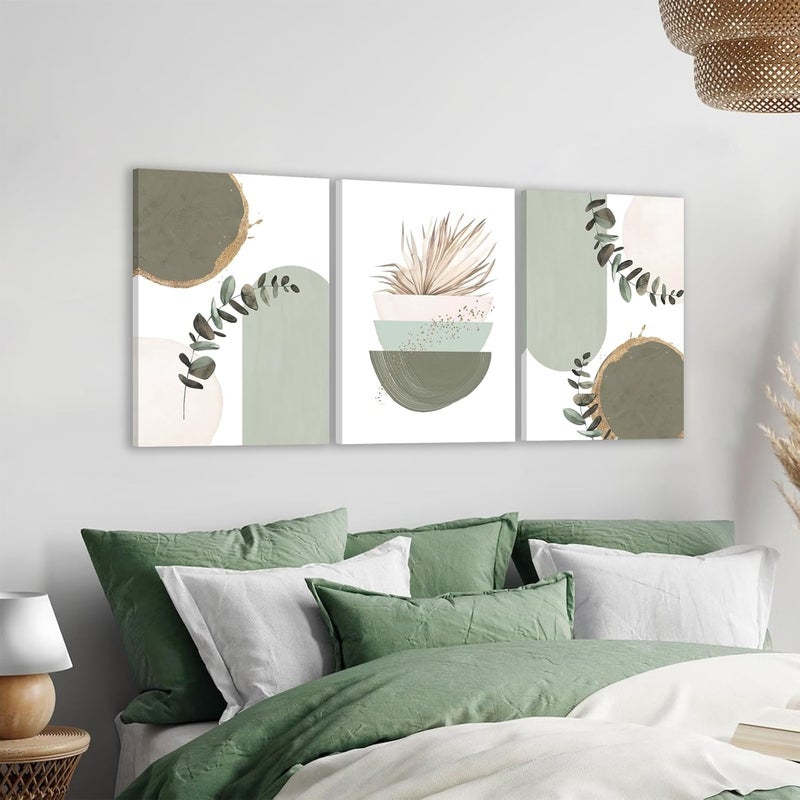KBKBART Sage Green Boho Wall Art, Modern Nordic Green Wall Decor, Minimalist Watercolor Leaf Framed Canvas Print Paintings, Abstract Sage Green Boho Room Decor for Living Room Bedroom Bathroom Office - Image 5