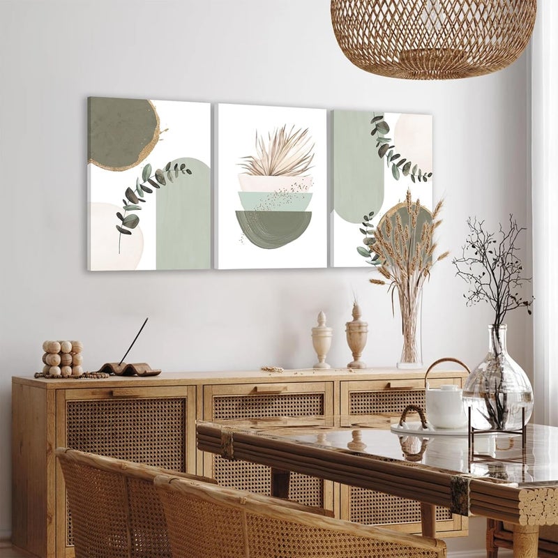 KBKBART Sage Green Boho Wall Art, Modern Nordic Green Wall Decor, Minimalist Watercolor Leaf Framed Canvas Print Paintings, Abstract Sage Green Boho Room Decor for Living Room Bedroom Bathroom Office - Image 3