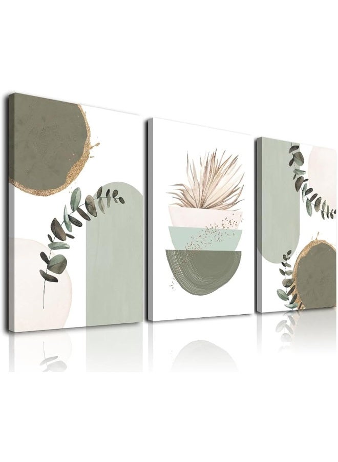 KBKBART Sage Green Boho Wall Art, Modern Nordic Green Wall Decor, Minimalist Watercolor Leaf Framed Canvas Print Paintings, Abstract Sage Green Boho Room Decor for Living Room Bedroom Bathroom Office - Image 1