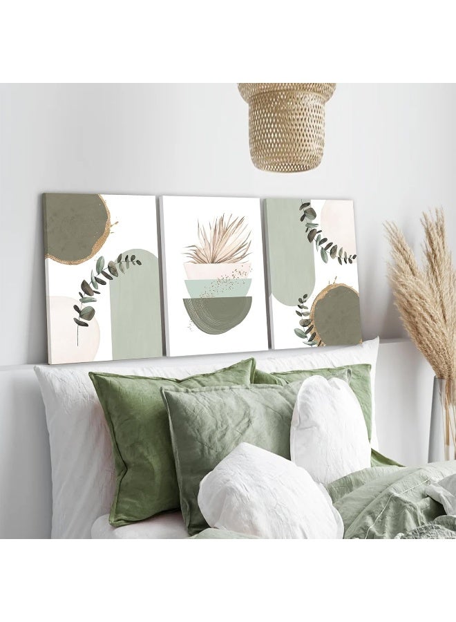 KBKBART Sage Green Boho Wall Art, Modern Nordic Green Wall Decor, Minimalist Watercolor Leaf Framed Canvas Print Paintings, Abstract Sage Green Boho Room Decor for Living Room Bedroom Bathroom Office - Image 4