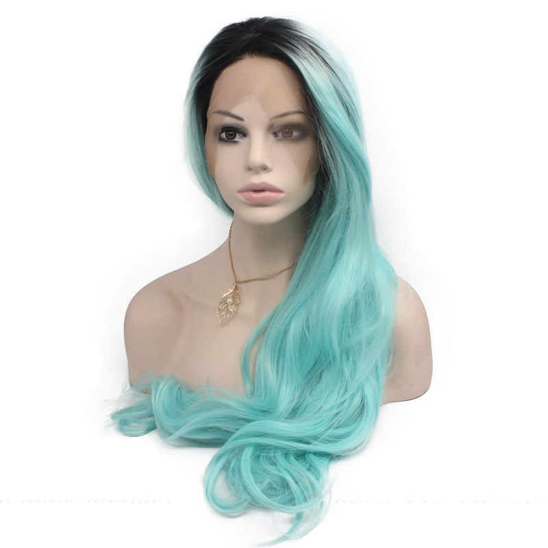 Mxangel Long Wavy Ombre Blue Synthetic Wig Lace Front Heat Resistant Fiber Hair Wig