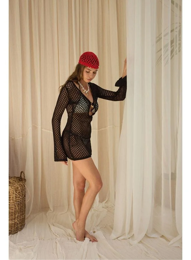 Bohemai  Sanur Black Mini Dress with Wooden Ring Detail. for Women | Best Price UAE