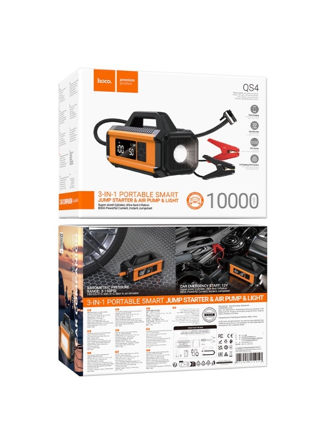 Hoco QS4 Ultimate Multi-Function Car Companion – High-Capacity 10000mAh Power Bank with 800A Peak Current, Digital Display, and Intelligent Air Compressor - Image 4