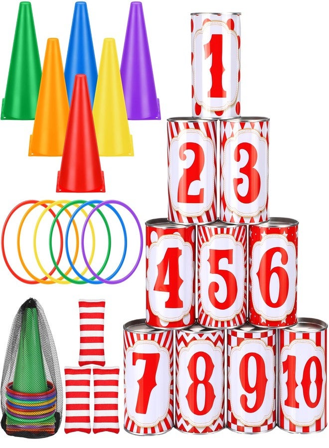 PullCrease 29 Pcs 4 in 1 Carnival Games Set: Bean Bags, Plastic Cones, Carnival Cans, Rings for Adults, Teens, Indoor & Outdoor Games - Image 1