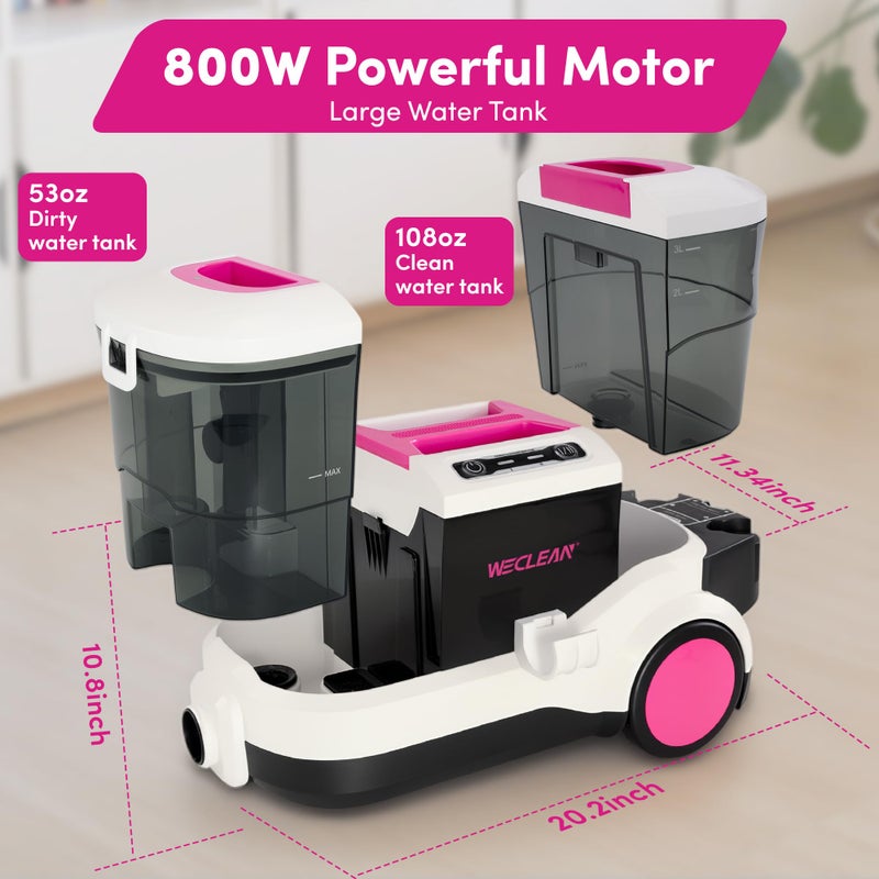 WECLEAN C4 Pink Carpet Cleaner Machine, Portable 800W 18KPa Deep Cleaner with Stand-Up Handle and Wide Squeegee for Pet Stains on Carpets, Rugs, Upholstery and Car Interiors, 3L Clean/1.5L Dirty Tank - Image 3