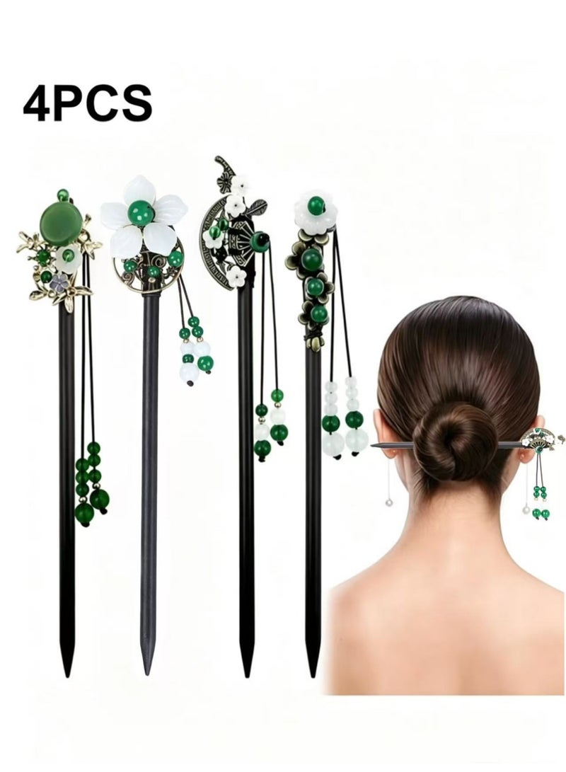 4 PACK Chinese Flower Hair Sticks Vintage Wooden Hair Pin Chinese Style Handmade Headpiece for Women Girls - Image 1