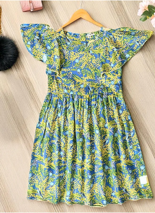 BELLA MODA Bella Moda All-Over Floral Print Flutter Sleeves Dress with Lace Trim