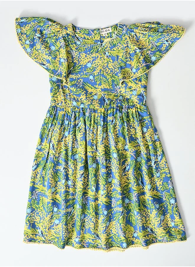 BELLA MODA Bella Moda All-Over Floral Print Flutter Sleeves Dress with Lace Trim