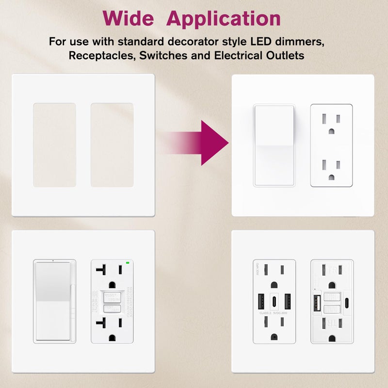 EMITEVER 2-Gang Screwless Decorator Wall Plate Cover for Receptacle Outlet & Light Switch, Standard Size 4.53"H x 4.53"W, Unbreakable Thermoplastic Faceplate, UL Listed, Matte White 1-Pack - Image 5
