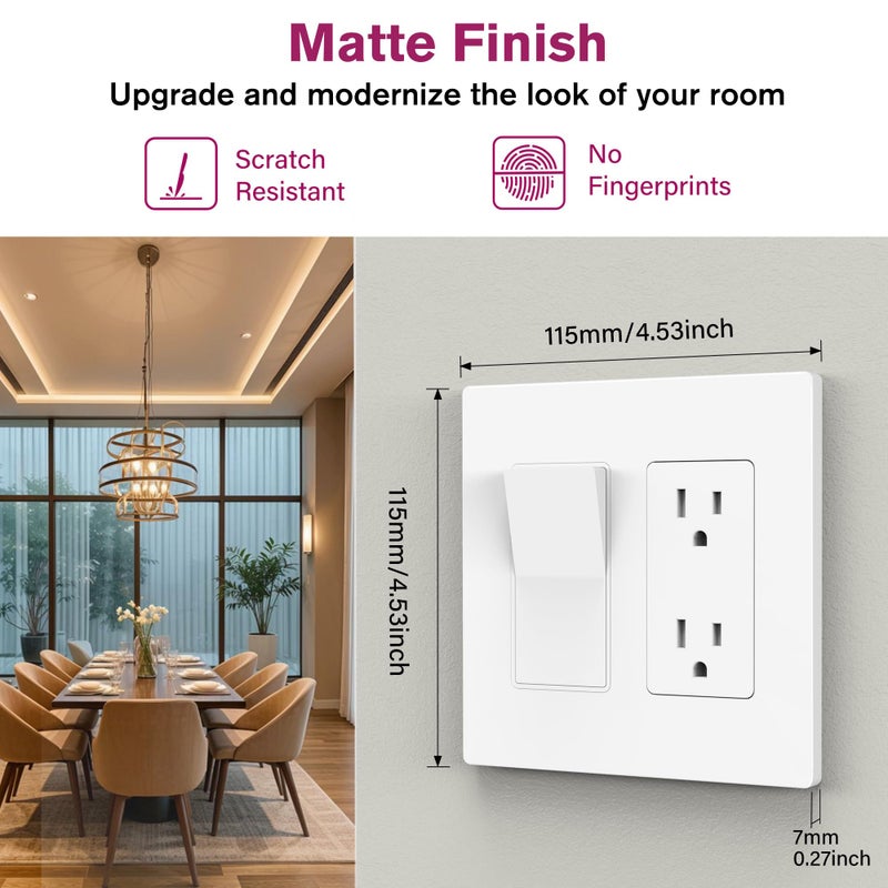 EMITEVER 2-Gang Screwless Decorator Wall Plate Cover for Receptacle Outlet & Light Switch, Standard Size 4.53"H x 4.53"W, Unbreakable Thermoplastic Faceplate, UL Listed, Matte White 1-Pack - Image 2