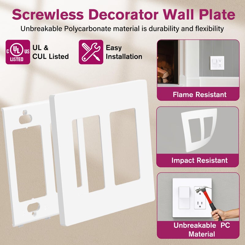 EMITEVER 2-Gang Screwless Decorator Wall Plate Cover for Receptacle Outlet & Light Switch, Standard Size 4.53"H x 4.53"W, Unbreakable Thermoplastic Faceplate, UL Listed, Matte White 1-Pack - Image 3