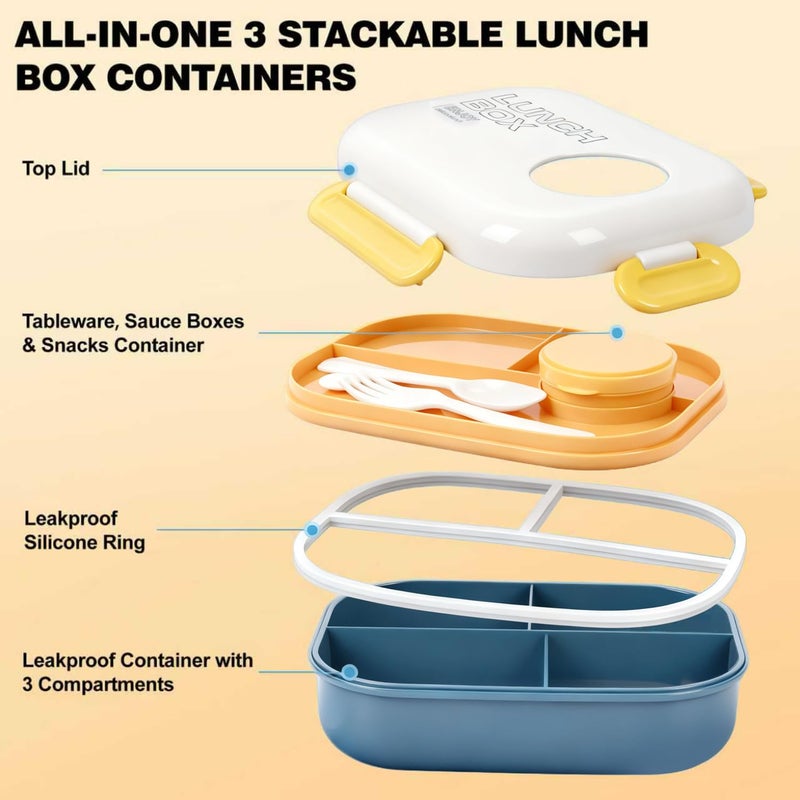 AGREON Lunch Bento Box Set - 3 Compartment Containers for Kids and Adults,lunch box for women with Thermo Lunch Bag, Leak-Proof and BPA-Free - Built-in Utensil Set,Sauce - Dishwasher Safe-Blue - Image 5