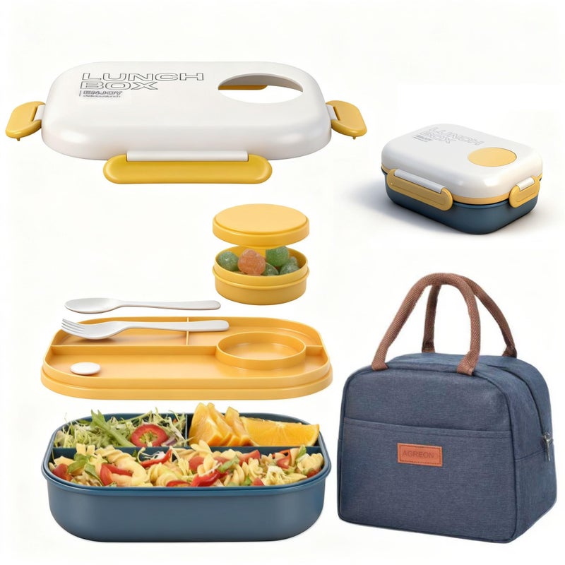 AGREON Lunch Bento Box Set - 3 Compartment Containers for Kids and Adults,lunch box for women with Thermo Lunch Bag, Leak-Proof and BPA-Free - Built-in Utensil Set,Sauce - Dishwasher Safe-Blue - Image 1