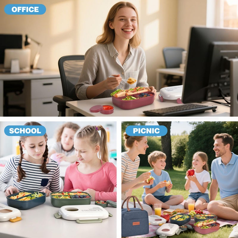 AGREON Lunch Bento Box Set - 3 Compartment Containers for Kids and Adults,lunch box for women with Thermo Lunch Bag, Leak-Proof and BPA-Free - Built-in Utensil Set,Sauce - Dishwasher Safe-Blue - Image 2