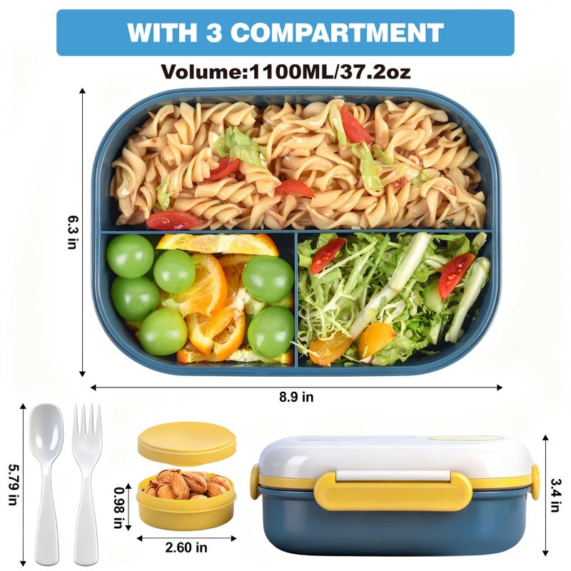AGREON Lunch Bento Box Set - 3 Compartment Containers for Kids and Adults,lunch box for women with Thermo Lunch Bag, Leak-Proof and BPA-Free - Built-in Utensil Set,Sauce - Dishwasher Safe-Blue - Image 3
