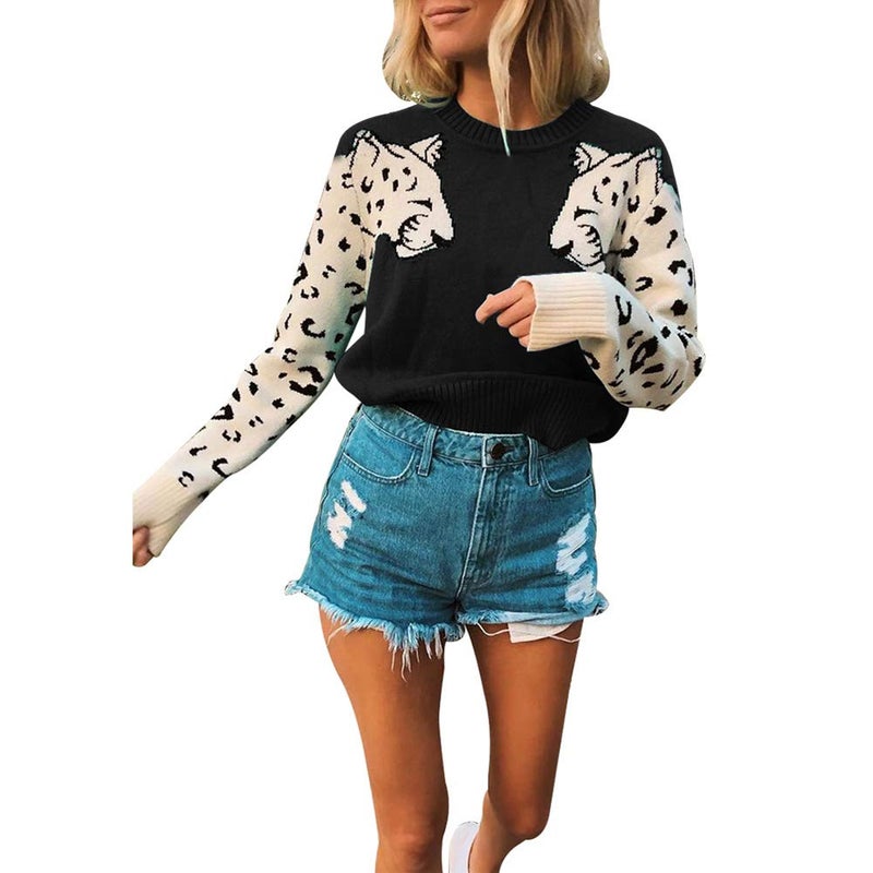 JUNBOON Womenâ€™s Casual Leopard Print Knitted Pullover Sweaters Long Sleeve Crew Neck Jumper Tops Black - Image 1