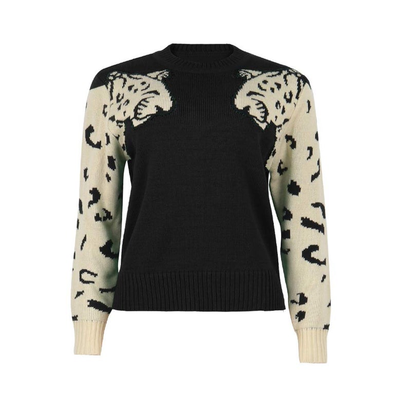 JUNBOON Womenâ€™s Casual Leopard Print Knitted Pullover Sweaters Long Sleeve Crew Neck Jumper Tops Black - Image 3