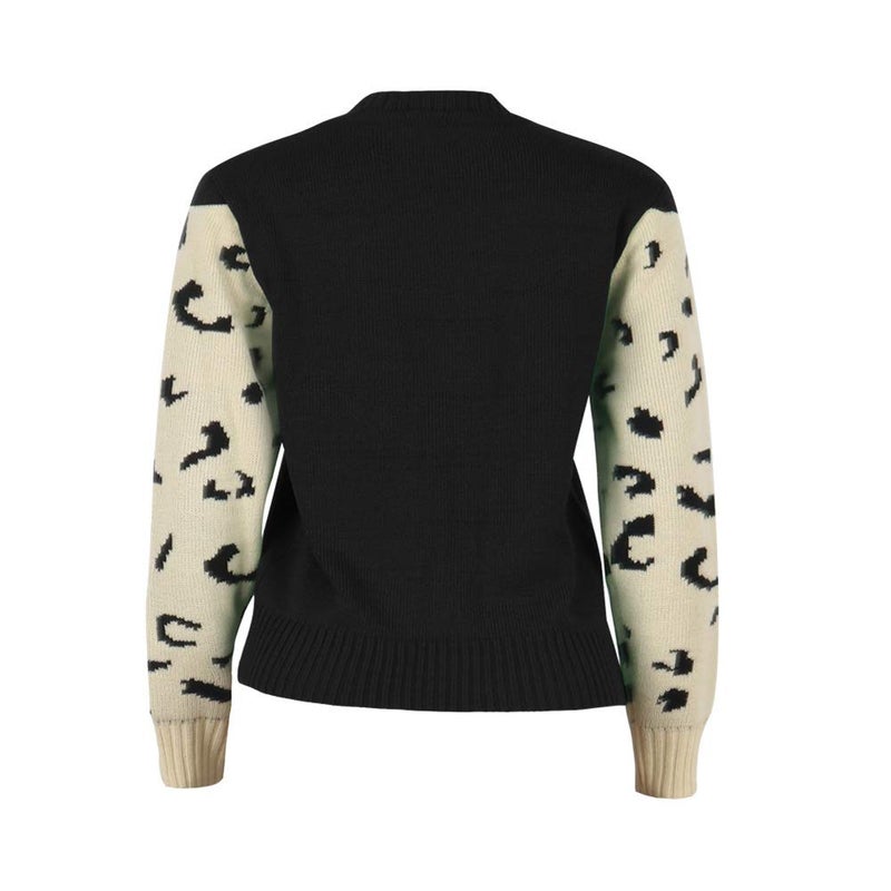 JUNBOON Womenâ€™s Casual Leopard Print Knitted Pullover Sweaters Long Sleeve Crew Neck Jumper Tops Black - Image 4