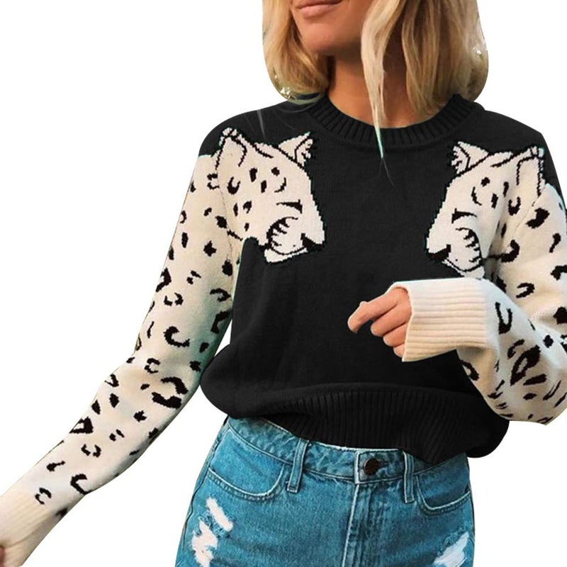 JUNBOON Womenâ€™s Casual Leopard Print Knitted Pullover Sweaters Long Sleeve Crew Neck Jumper Tops Black - Image 2